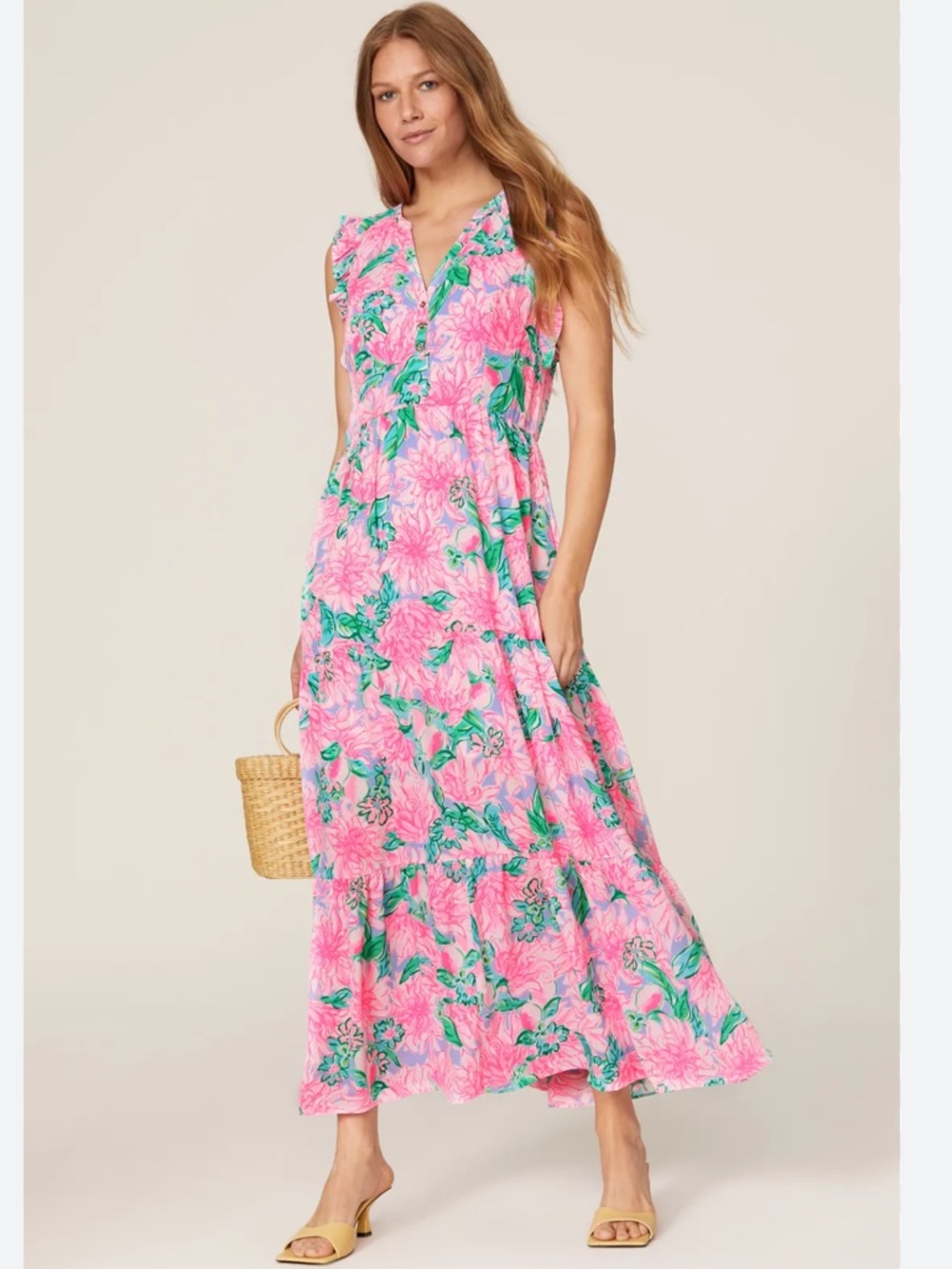 Lilly Pulitzer Destini Maxi Pink and Green Floral Dress Size 10